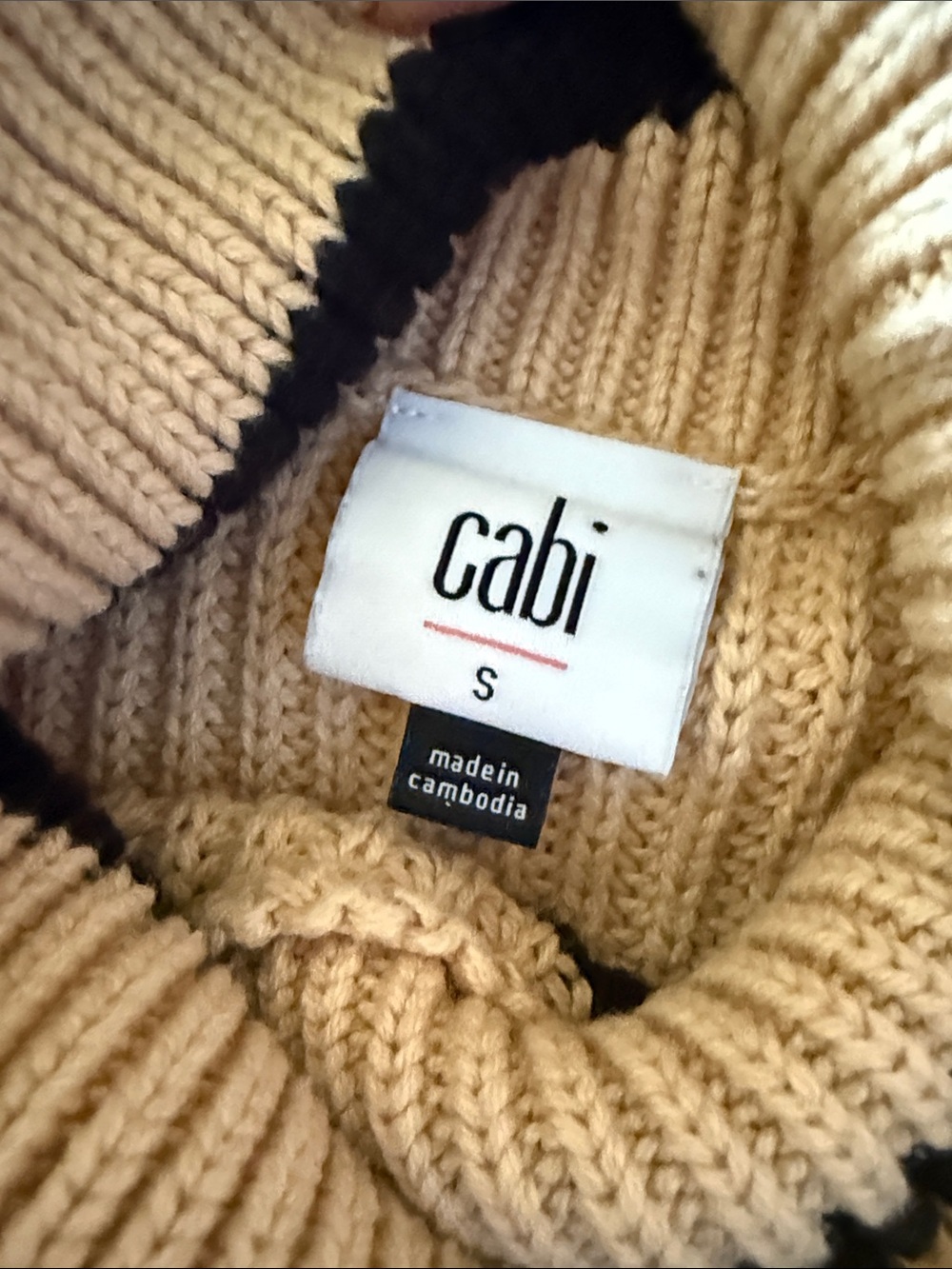 CAbi Polo Turtleneck Sweater Camel/Black Striped Chunky Ribbed Knit Size Small - Picture 3 of 11